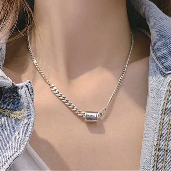 Jewelry - Stamped 925 Vintage Silver Color Cylindrical Letter Shape Geometric Pendant 18”
